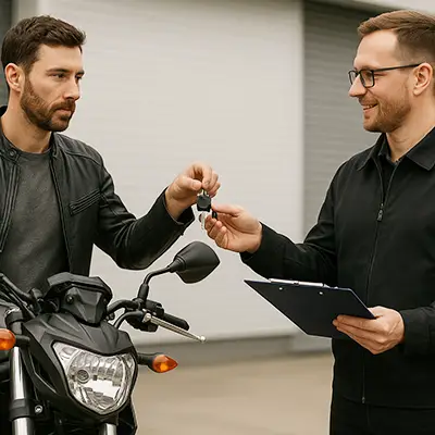 Besitzer übergibt Motorrad-Schlüssel an den Ankäufer