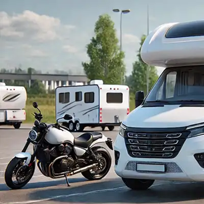 Wohnmobil steht zum Verkauf auf einem Parkplatz
